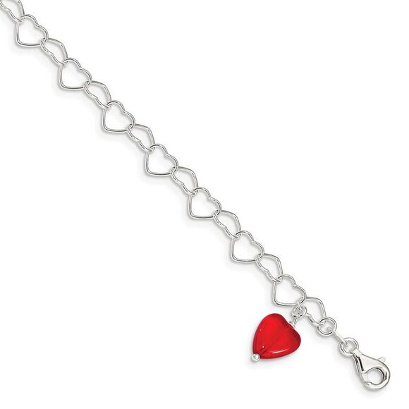 Sterling Silver Orange Red Crystal Heart Link Anklet, 10 Inch - Picture 1 of 5